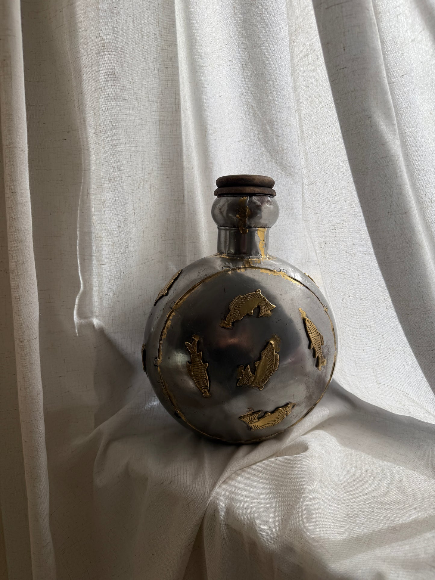 1970s indian brass & pewter fish flask
