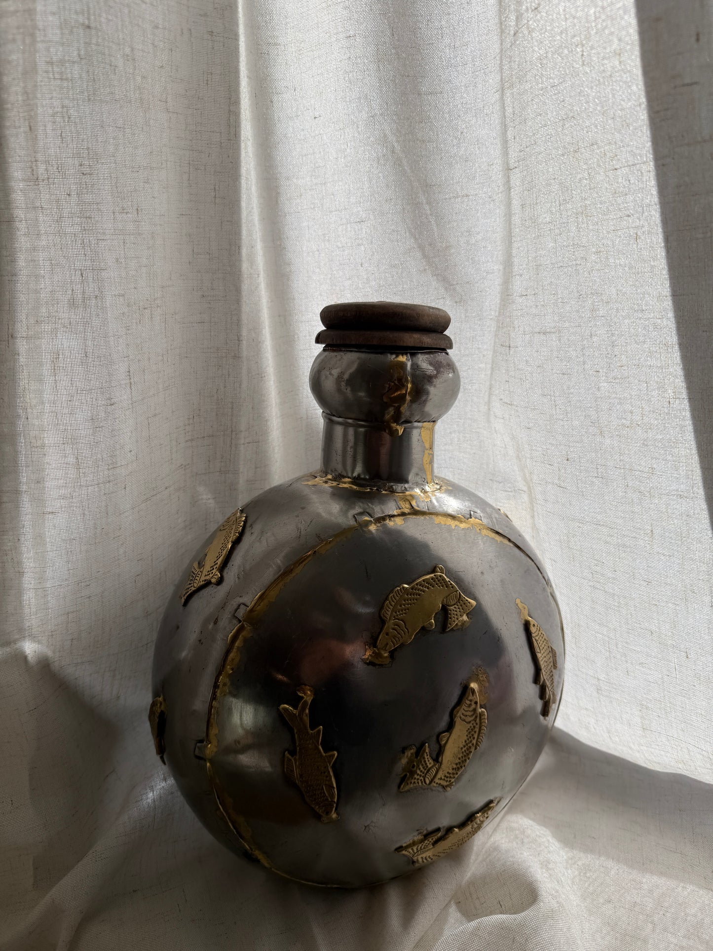 1970s indian brass & pewter fish flask