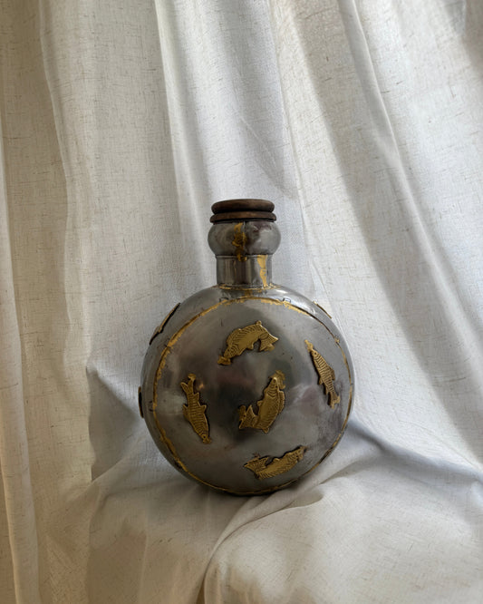 1970s indian brass & pewter fish flask