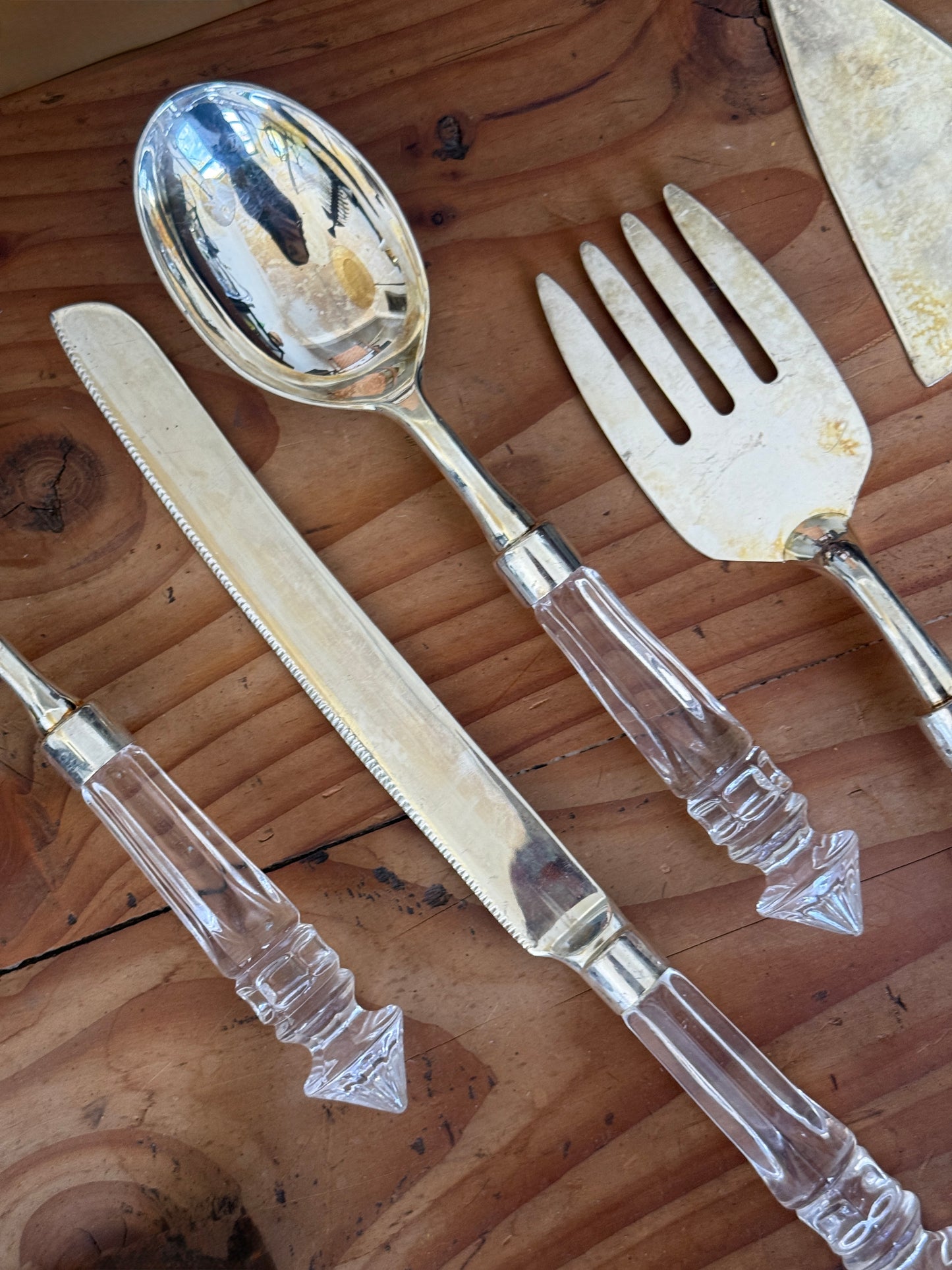 vintage silverplate serving set with crystal glass handles