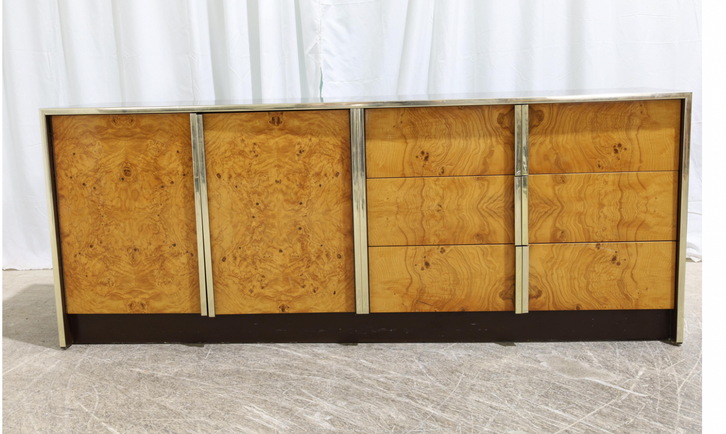 milo baughman style lacquer & burl credenza