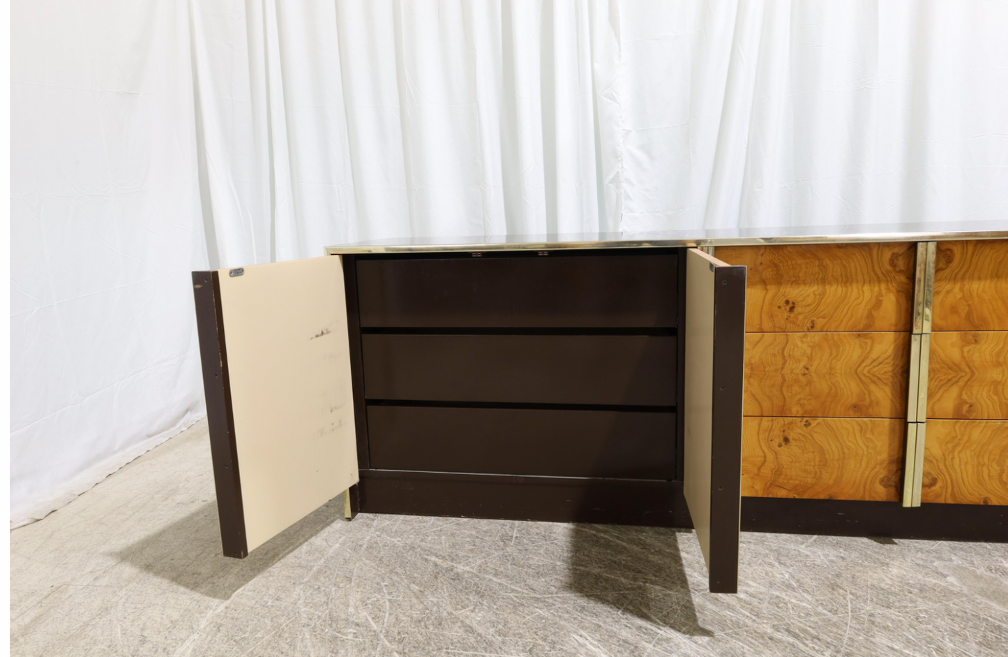 milo baughman style lacquer & burl credenza