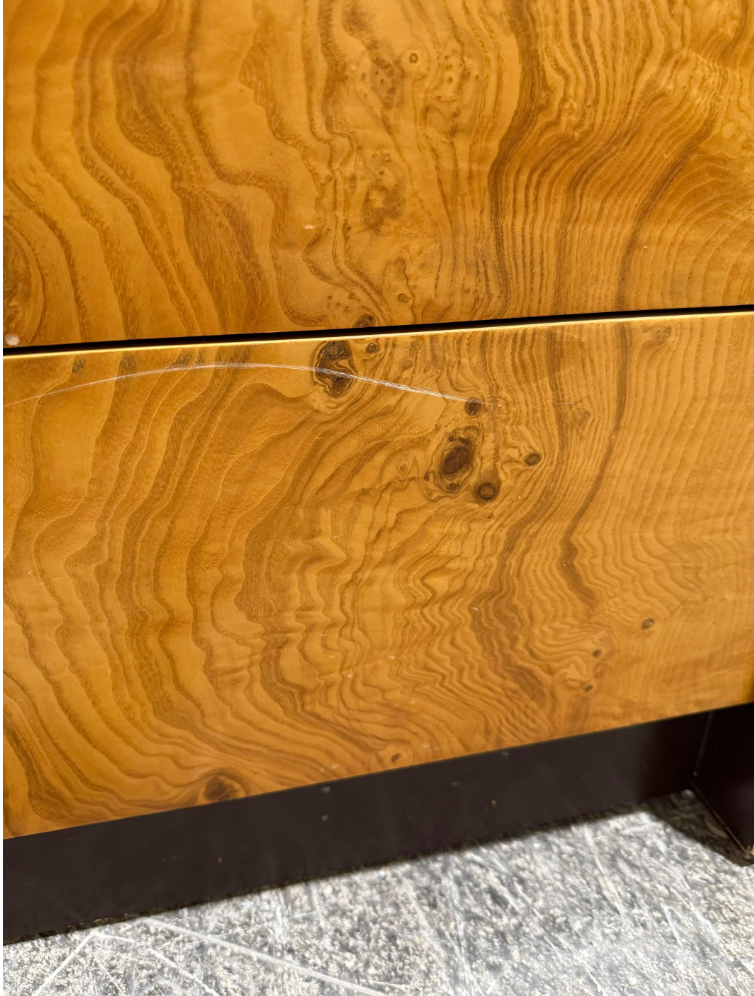 milo baughman style lacquer & burl credenza