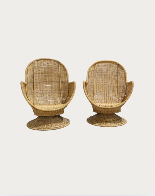 vintage oversized wicker swivel tulip chairs (pair)