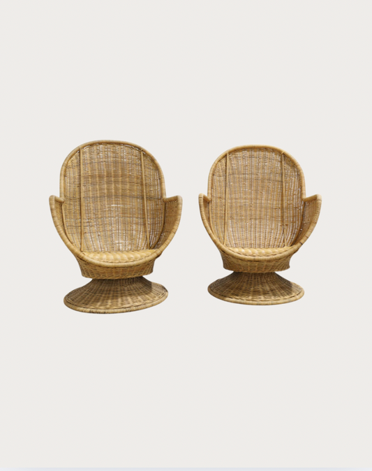 vintage oversized wicker swivel tulip chairs (pair)