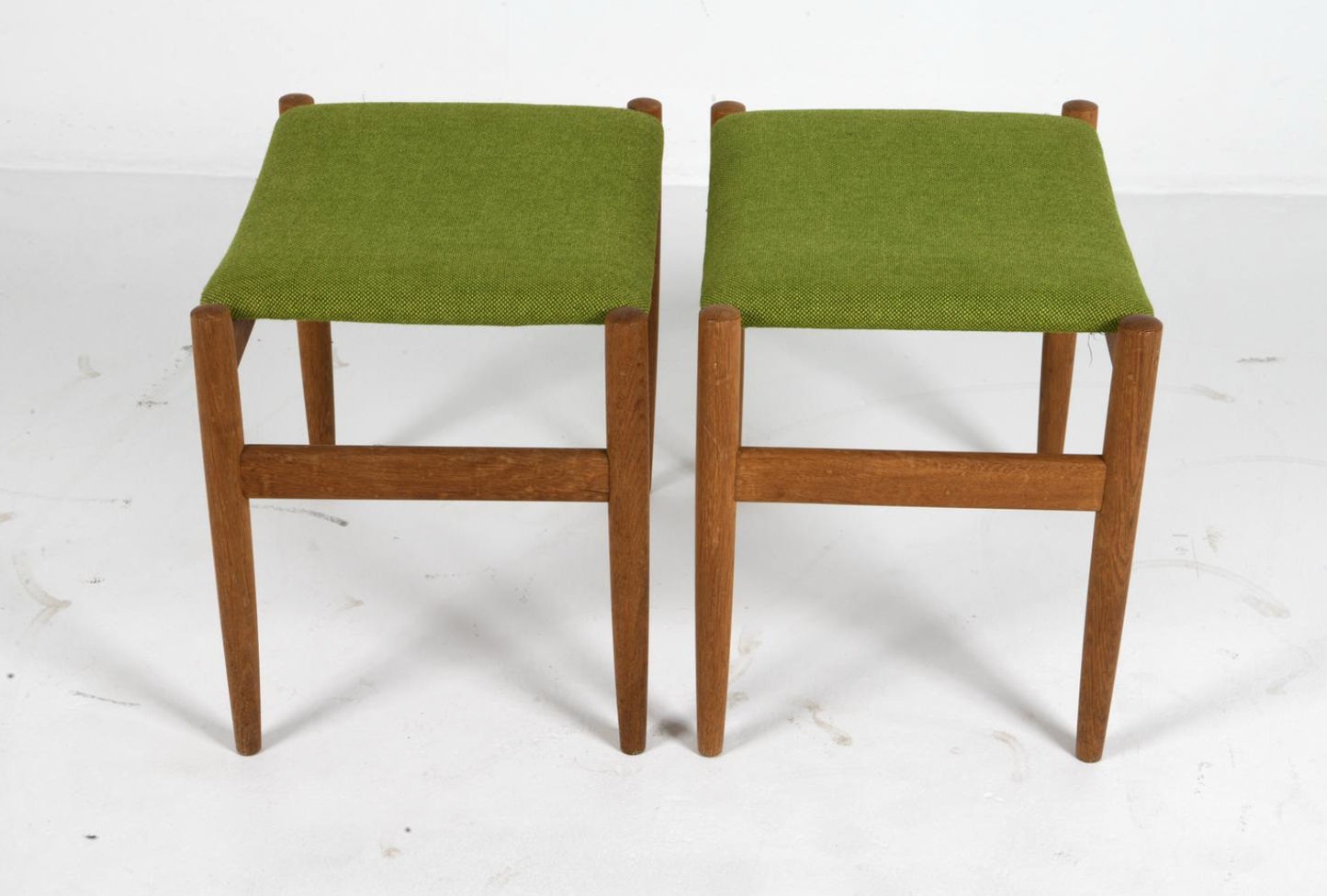 pair of edmund jorgensen danish teak + wool stools, 1960s