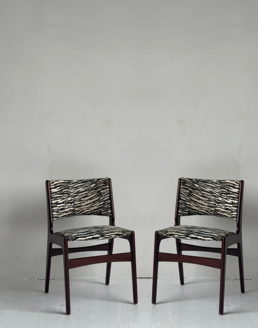 erik buch danish rosewood chairs in custom zebra calf hair, pair