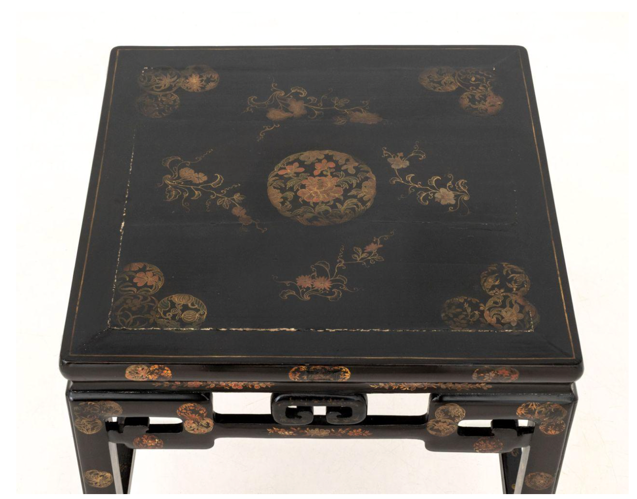 pair of black lacquer & gilt side tables