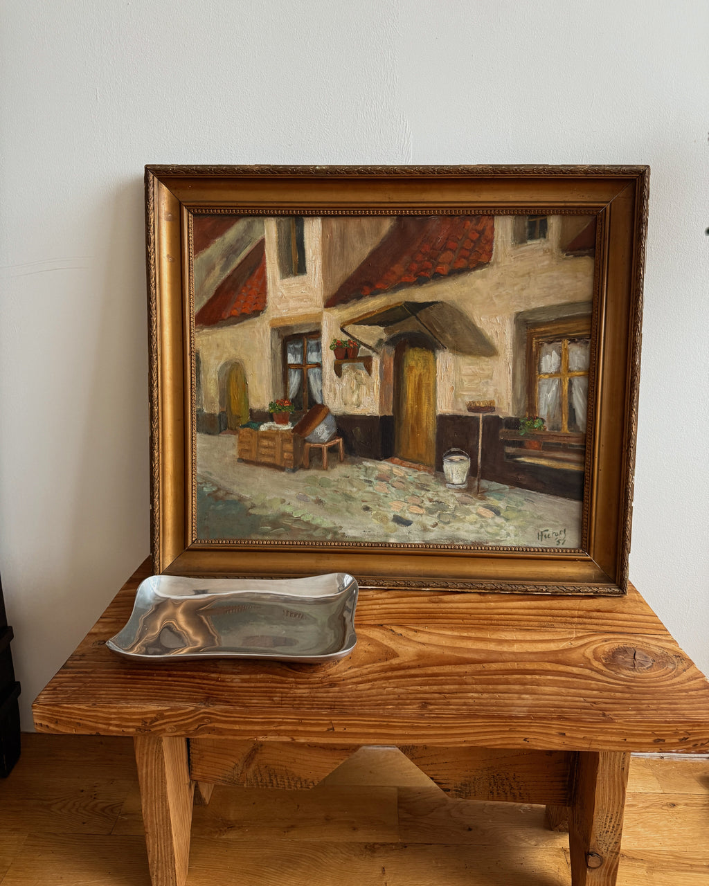 vintage french courtyard oil painting, 1951