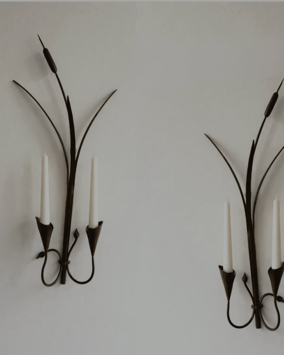 vintage black metal cattail wall sconces - pair