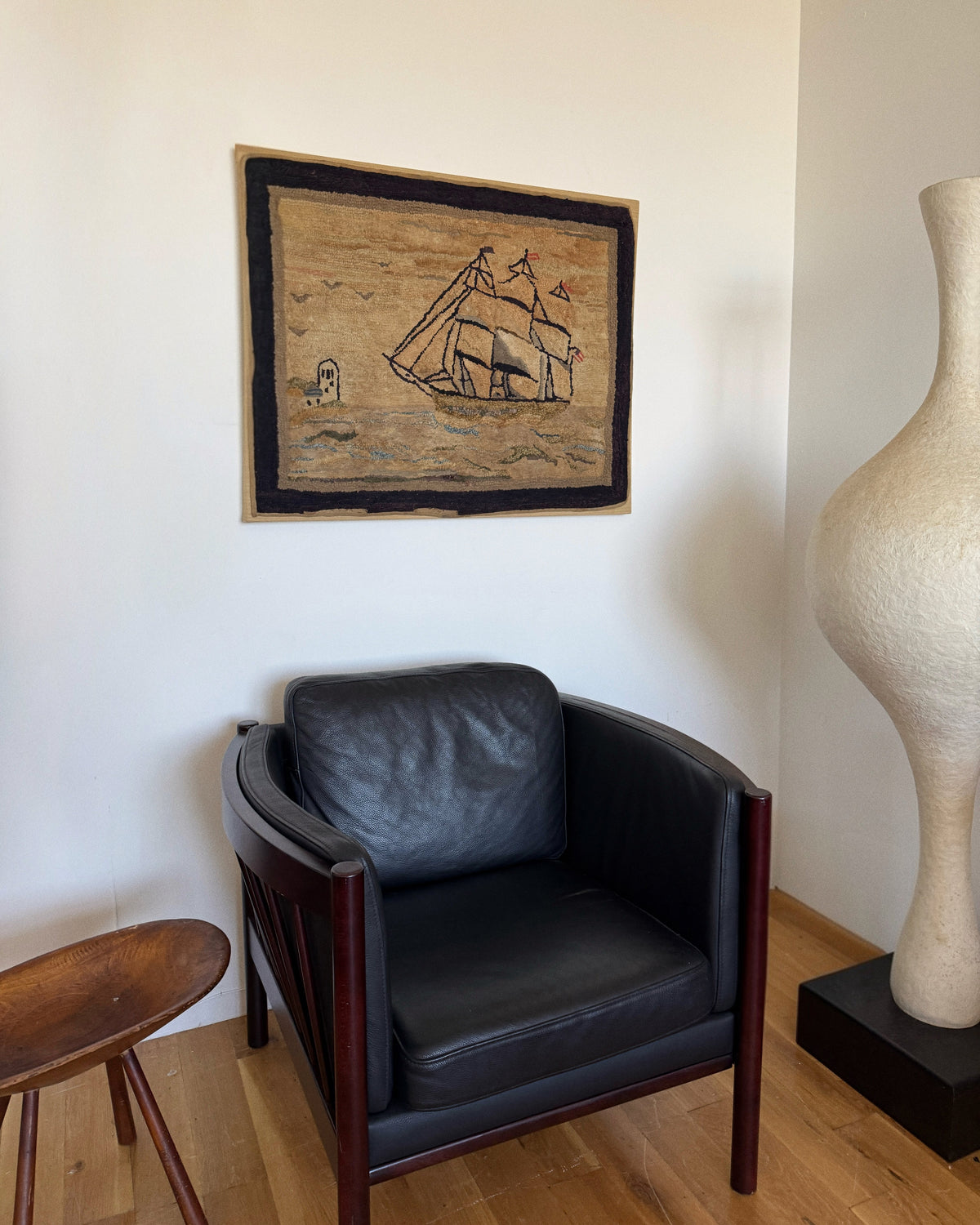 large vintage wool textile art with sailing ship